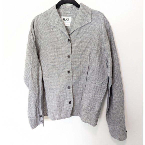 FLAX Tops - Flax Blazer Top Womens Size M Black Plaid Linen Long Sleeve Button Mature Career